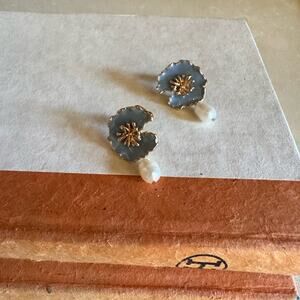 Gold and Blue Floral Earring with Pearl Drops- hypoallergenic & lightweight